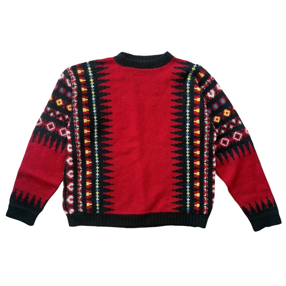 Vintage 70s Wool Sweater Fair Isle Nordic Folk Geometric Pullover L Red Black